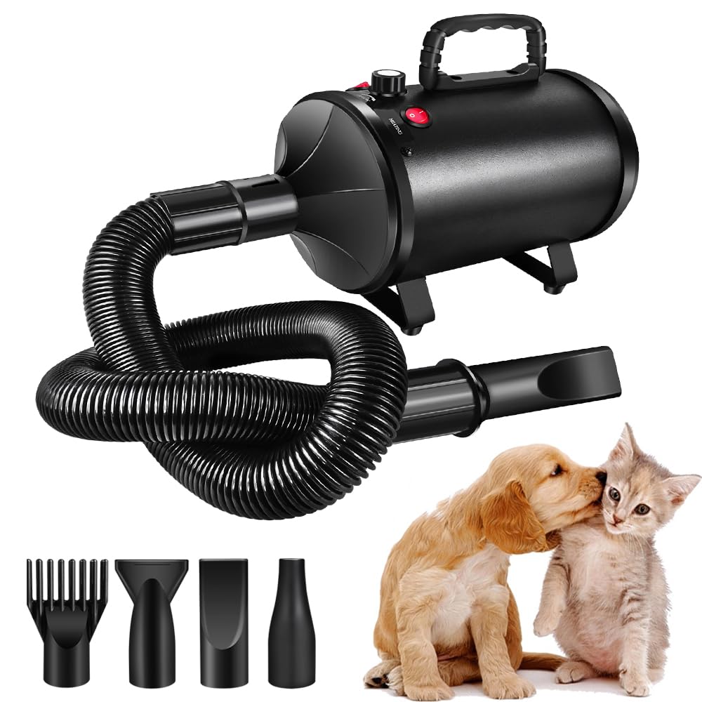 AUTOFU Pet Dryer Sèche-cheveux pour chien 3500 W très silencieux, vitesse et chaleur réglables, avec 4 buses différentes