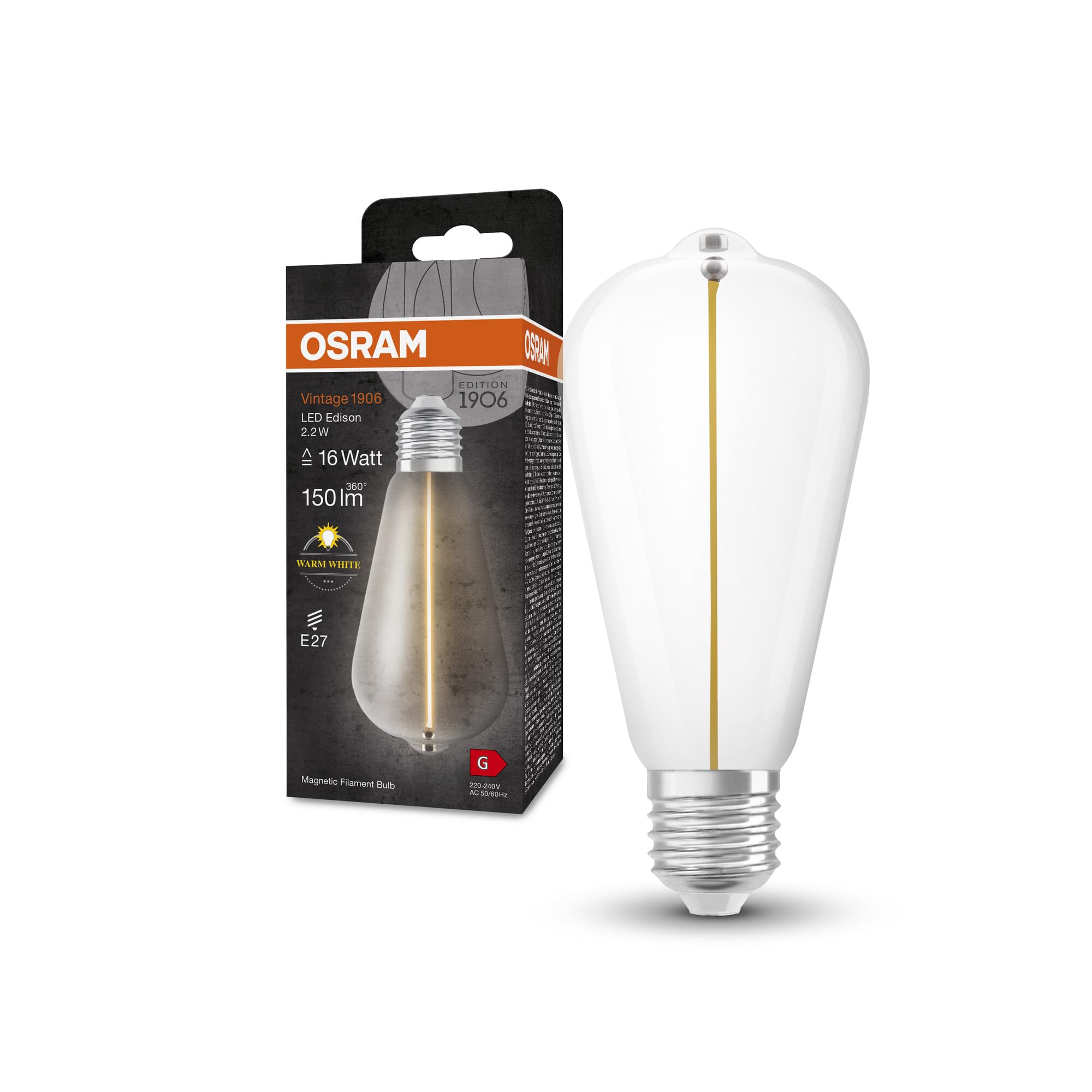 OSRAM Vintage 1906 Classic Edison Fil Led Lamp, E27, Clear, 2.2W, 150Lm, 2700K, Warm White Light, Very Low Energy Consumption, Long Life, Magnetic Filament