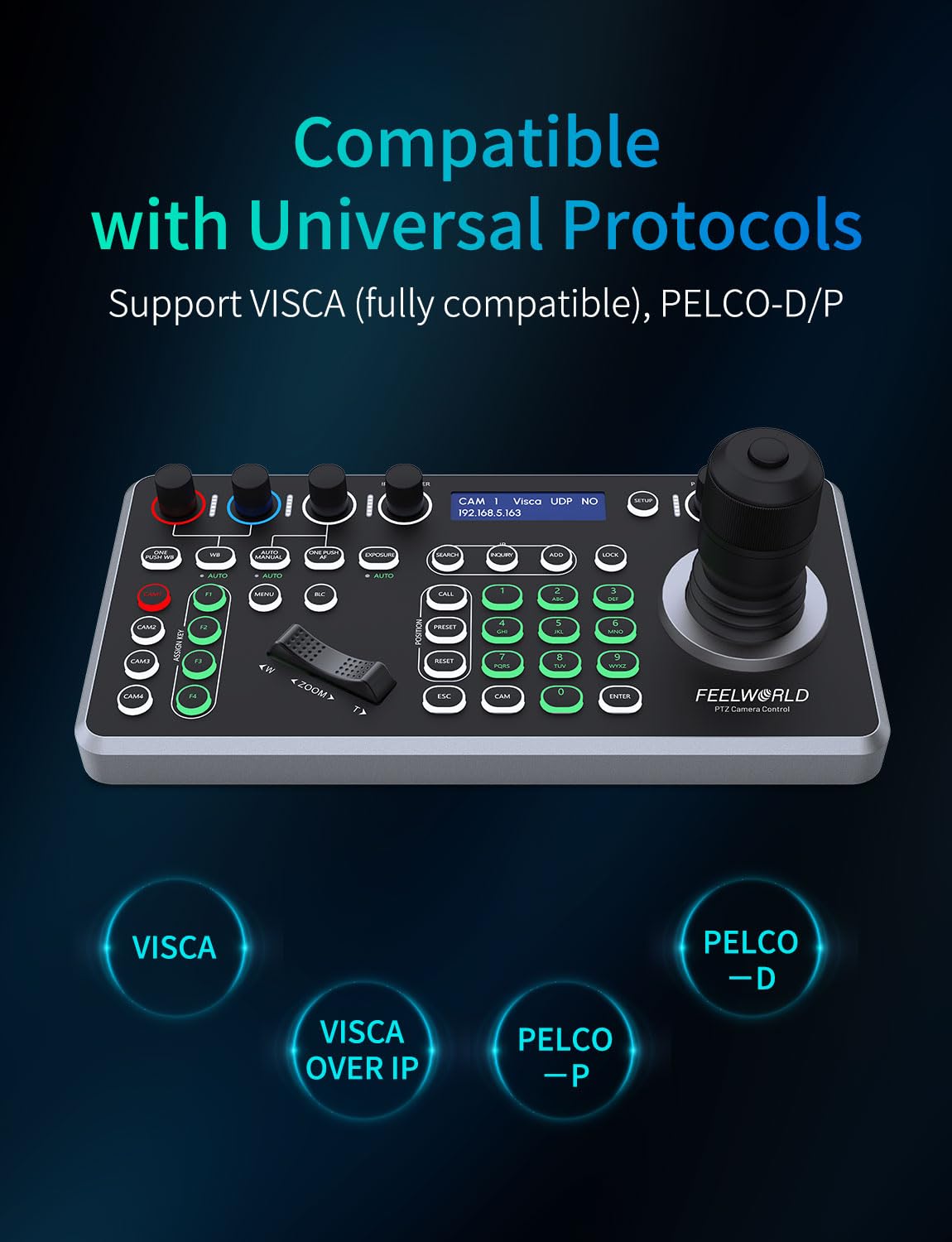 FEELWORLD KBC20N NDI PTZ Camera Joystick Controller, Schermo LCD 4D Joystick Controllo Tastiera Supporto NDI PoE VISCA Pelco-D/P RS422 RS485 RS232 RJ45 per Chiesa Live, Eventi, Live Streaming