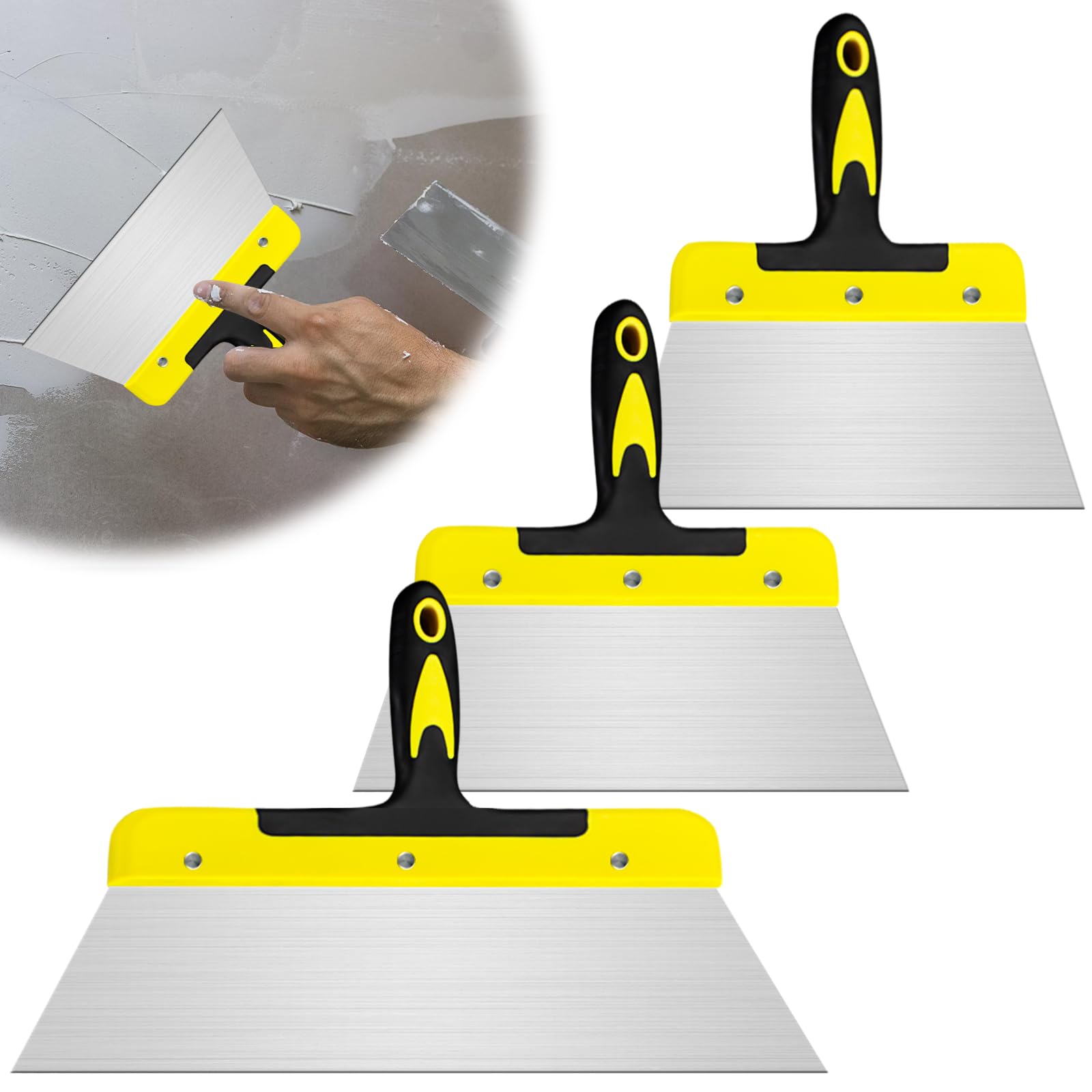 Set di 3 spatole larghe, 20 cm, 25 cm, 40 cm, professionale in acciaio inox, per intonacare pareti
