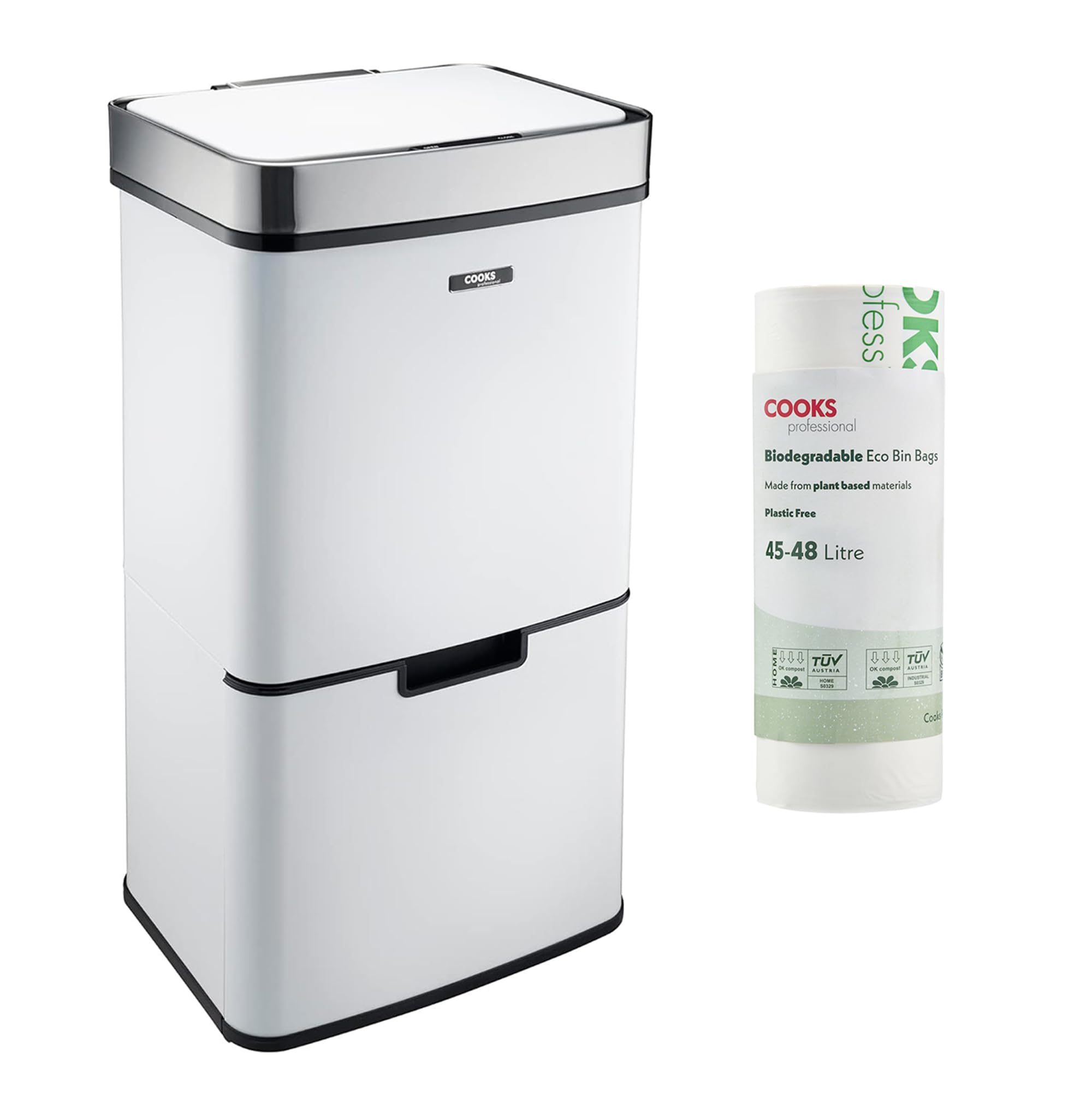 Cooks Professional Recycling Sensor Bin 75L with Dual Compartments and Removable Food Caddy for Kitchen | Smart Automatic Brushed Metal Bins | Includes 25 Biodegradable Bin Bags | White & Silver