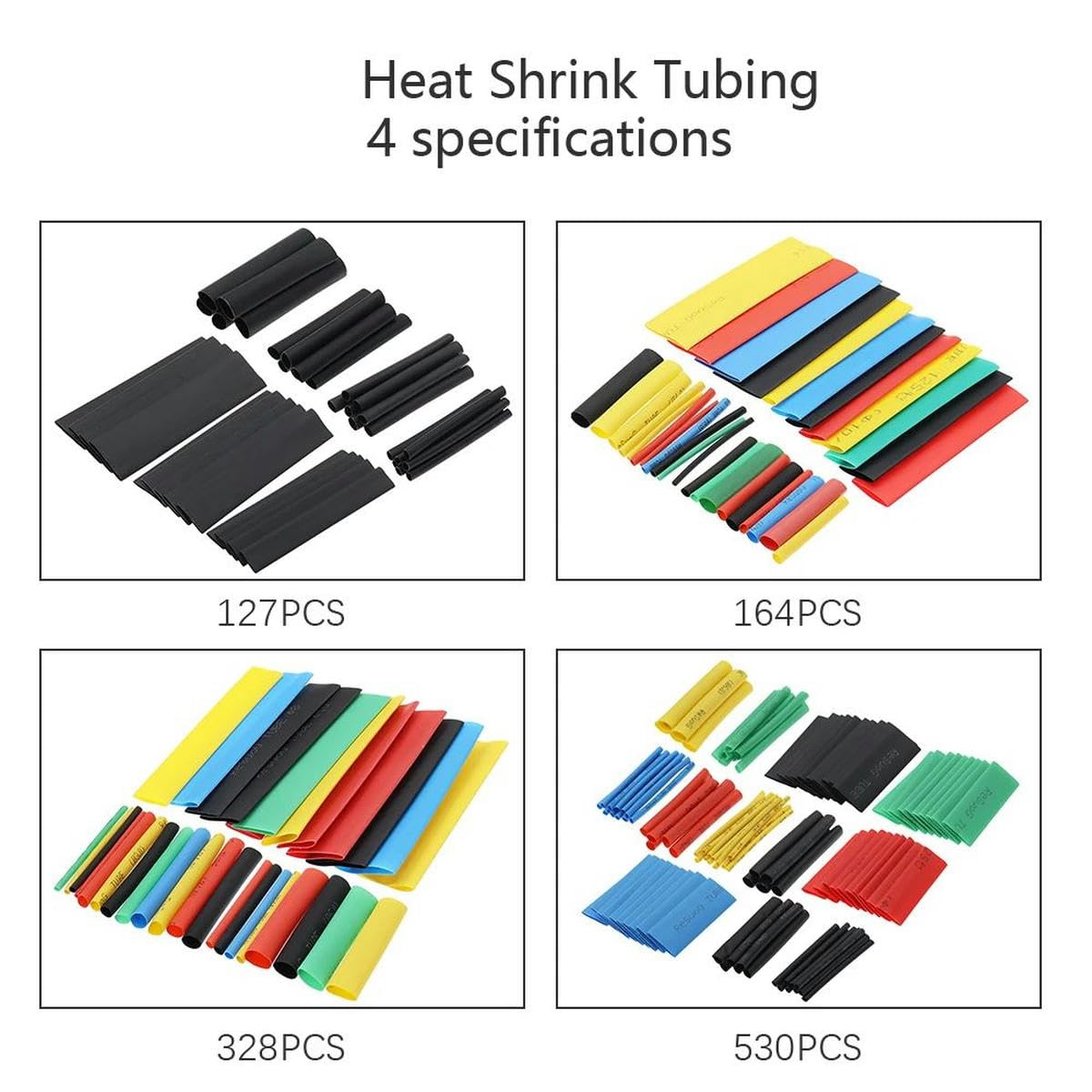 Tubo termorestringente per canna da pesca, Set di guaine termorestringenti in poliolefina, confezione da 127/164/328/530 pezzi, guaine isolate for cavi metallici assortiti, 8 misure(530pcs)