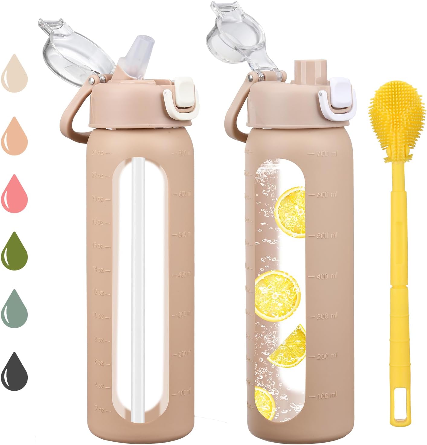 24 oz Glass Water Bottles with 2 Lids-Handle Spout Lid & Straw Lid, Motivational Water Bottle with Time Marker and Silicone Sleeve,Leakproof-Amber-1 Pack