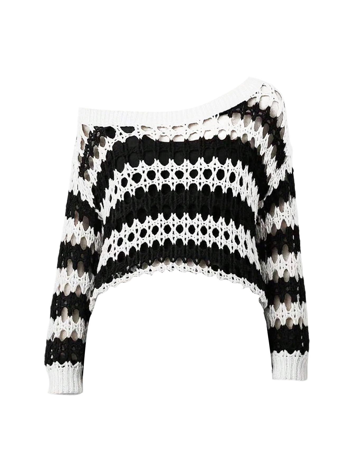 WDIRARA Womens Plus Size Striped Hollow Out Crochet Sweaters Long Sleeve Boat Neck Knit Tops Goth Punk