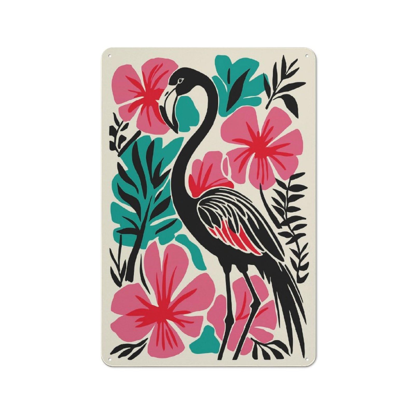 Junmoney Style-1 Metal Wall Sign 30X20cm Featuring Stylized Flamingo With Tropical Floral Background For Café Or Restaurant, A New Home Present For Hospitality Interior Collectors