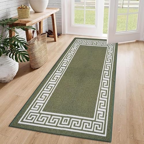 Cozy Haven Athena Runner Rug – Large Non-Slip Washable Carpet for Living Room, Bedroom, Hallway, Lounge, Dining, Kitchen, Modern Indoor Long Floor Runners (Green & Cream, 66x120 cm)