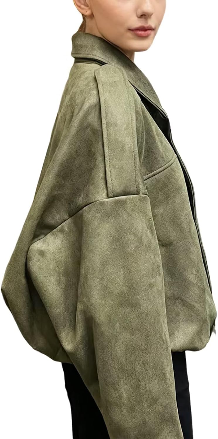 Jinsha Women's Cropped Faux Suede Bomber Jacket Fall Lapel Zipper Coat Casual Oversized Trendy Streetwear Outerwear - Image 3