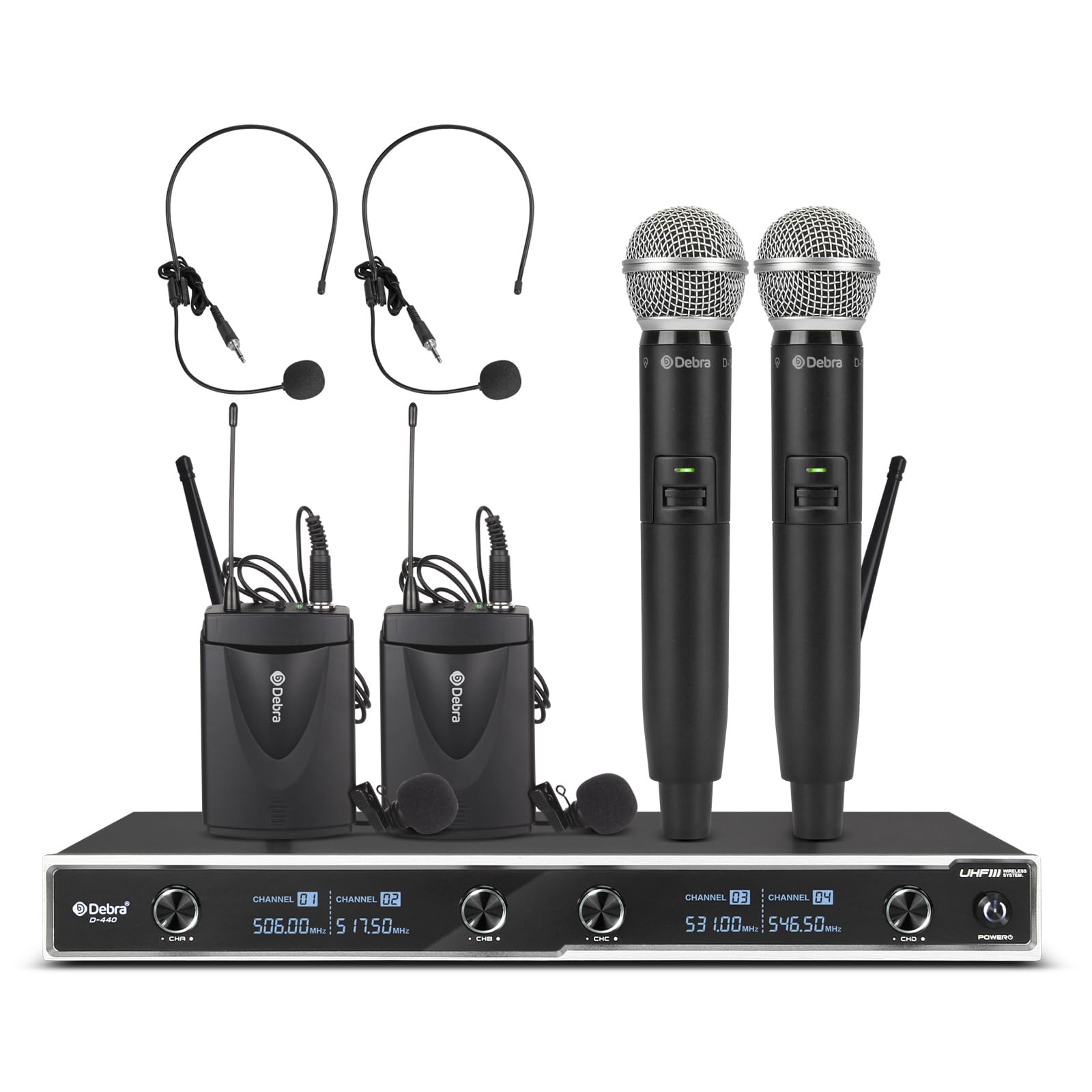 D-440 UHF 4-Channel Wireless Microphone System with 2 Handheld Mics & 2 Lavalier Headset Mics, Perfect for Karaoke, Parties, Weddings, Churches, 300 Ft Range (2 Handheld & 2 Bodypack)