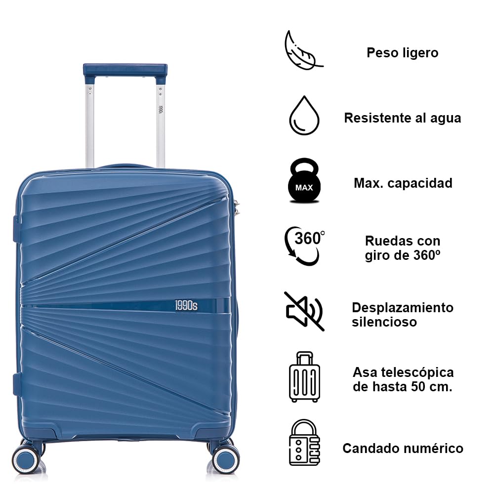 1990s Maleta Mediana expandible Polipropileno 65cm para 23kg (79L)| Maleta semirigida Extensible con 4 Ruedas Giratorias y Candado Incrustada (AzulMarino)