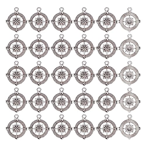 SUNNYCLUE 1 Box 50 Stück Nautische Kompass Charms im Tibet Stil, Legierung, DIY Schmuckanhänger für Frauen, Ohrringe, Armbänder, Halsketten