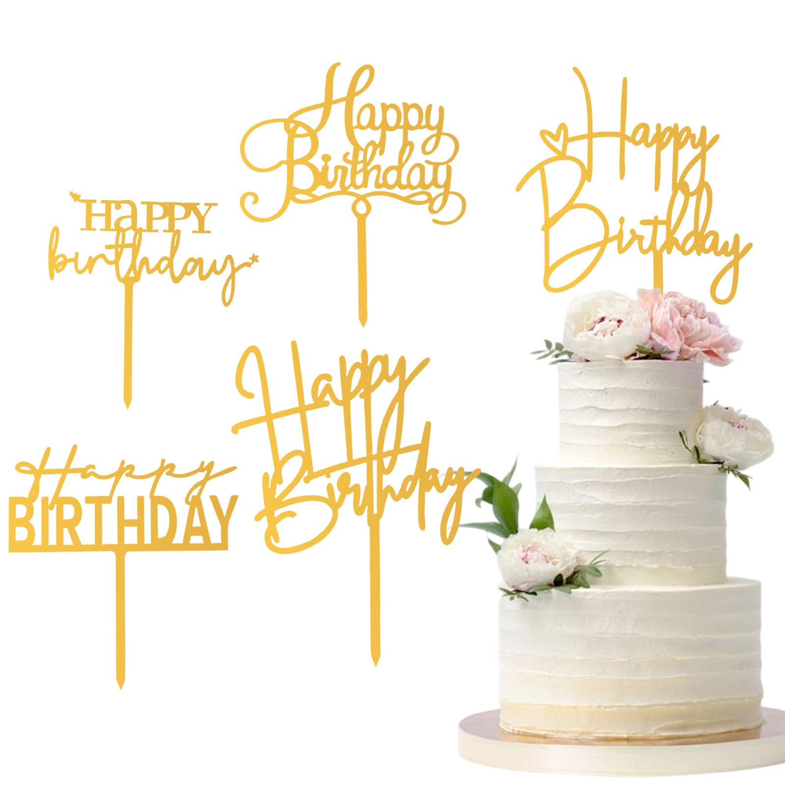 5 Pcs Gold Happy Birthday Cake Toppers
