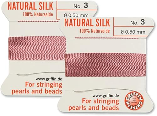 Griffin - Cordón de cuentas de seda natural, tamaño 3, color rosa oscuro, 2 unidades