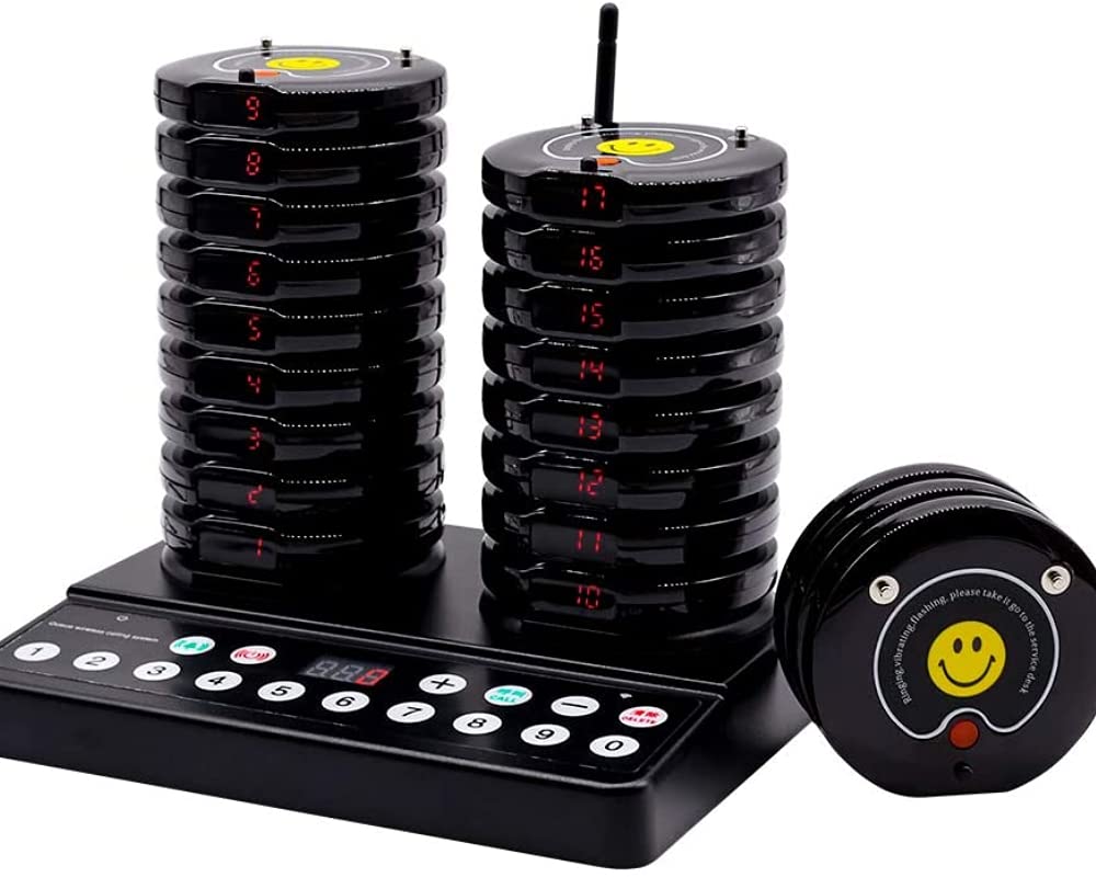 Wireless Paging System 20 Coaster Pagers+1 Keypad Queue Number Call Restaurant Wireless Calling System for Restaurant Church Food Truck Coffee Shop Office (20 pagers+Caller)