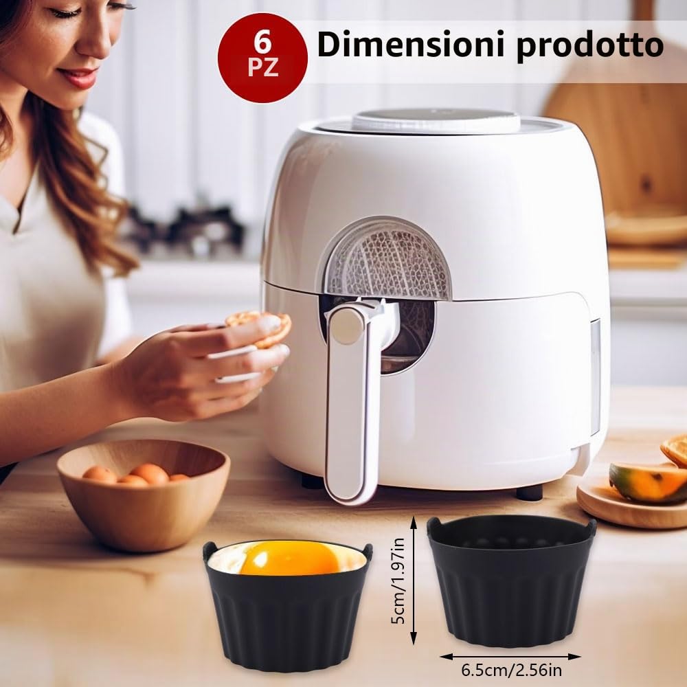 6 Pezzi Pirottini per Friggitrice ad Aria, Pirottini Silicone Senza BPA, Stampo per Uova in Silicone Antiaderente, Riutilizzabile Stampi per Muffin per Cupcake, Budini, Gelatina (Grigio + Blu + Nero)