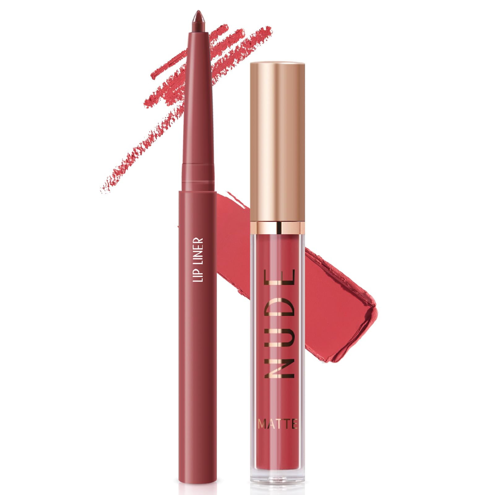 Apooliy 2Pcs Matte Liquid Lipsticks y Lip Liner Set,Set de tonos de lápiz labial a prueba de agua Lip Stain,Perfilador de labios de larga duración, brillo de labios marrón nude