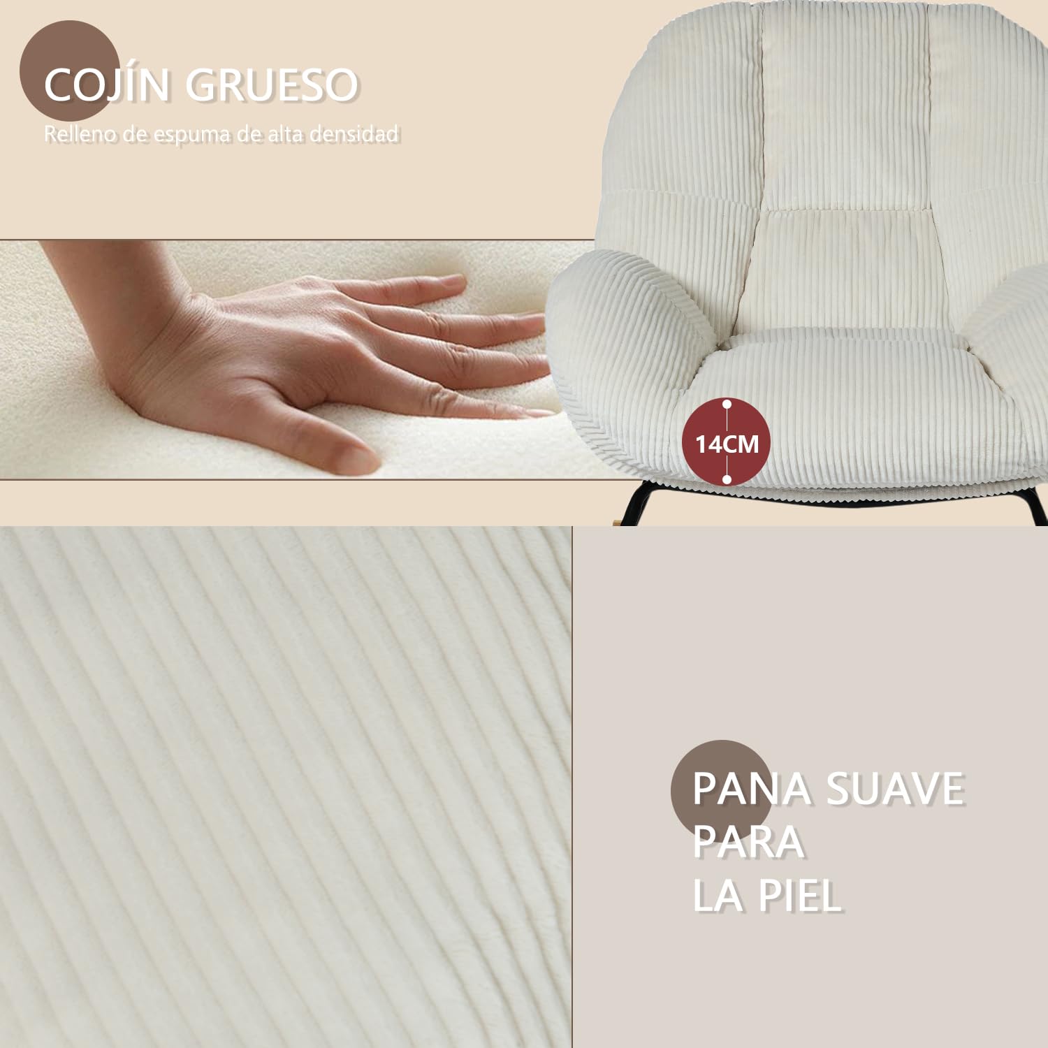 MEUBLE Cosy Sillas Mecedora Escandinavo Sillón Relax Especial Lactancia para Salón Dormitorio Lectura Sala de Estudio, Asiento Extra Ancho en Tela de Pana, Beige