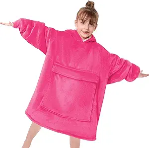 yescool Wearable Blanket Kids Hoodie, Birthday Teen Girls Gifts for 8-15 Year Old Kids Oversized Sweatshirt Sherpa Flannel Cozy Hooded Blanket with Pocket for Children, Youth Teens, One Size, Peach