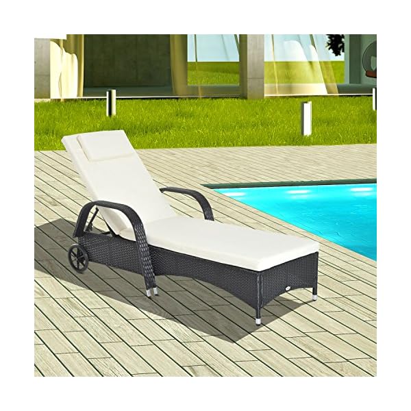Outsunny Garden Rattan Furniture Single Sun Lounger Recliner Bed Reclining Chair Patio Outdoor Wicker Weave Adjustable Headrest with Fire Retardant Cushion - Image 4