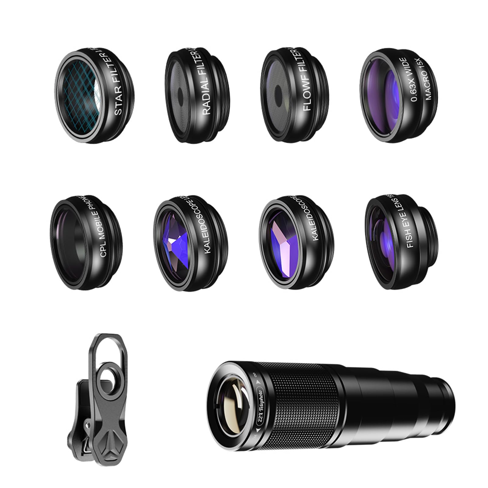 Obiettivo della fotocamera 10 in 1 include radiale CPL Star Flows 22X Teleobiettivo fisheye grandangoli macro scena multipla fotocamera del telefono