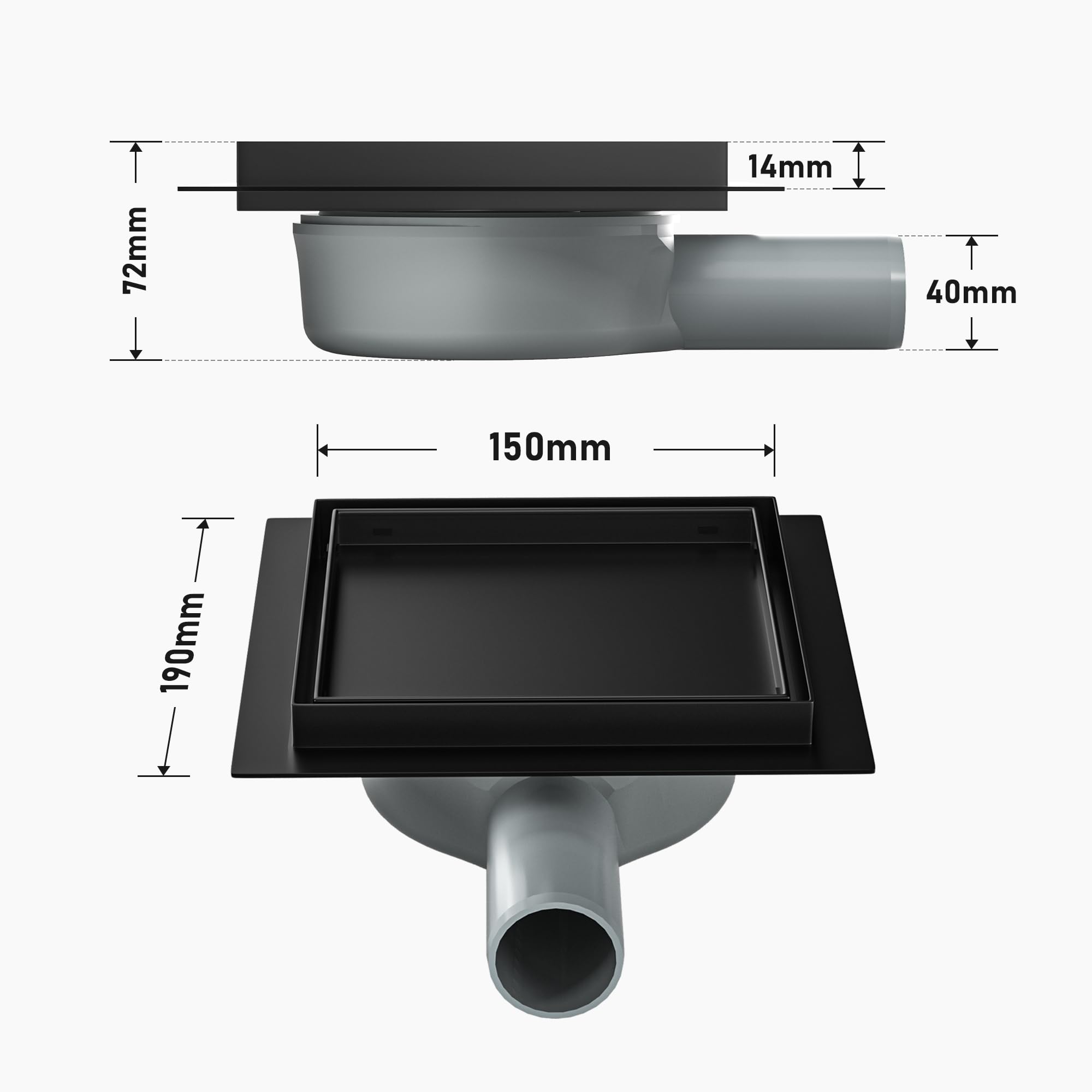 Caniveau de douche carré 15 x 15 cm, siphon à 360° avec système anti-odeurs et tamis à cheveux 2 en 1 carrelable - En acier inoxydable - Très plat - DN50 DN40 - Noir