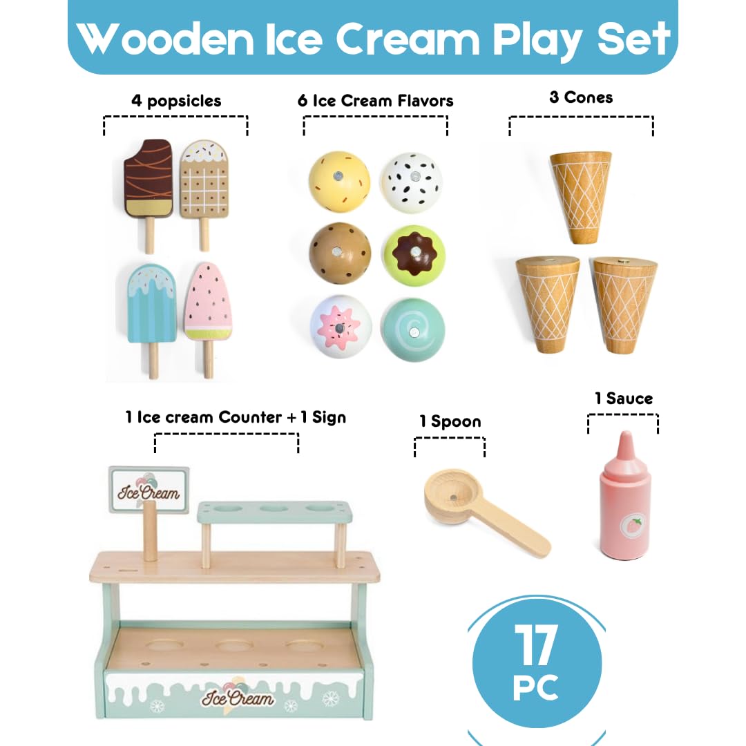 Toyster's Wooden Ice Cream Shop Play Set – Pretend Play Dessert Stand with Cones, Popsicles, Scooper & Toppings – Toy for Kids, Role-Playing & Imaginative Play