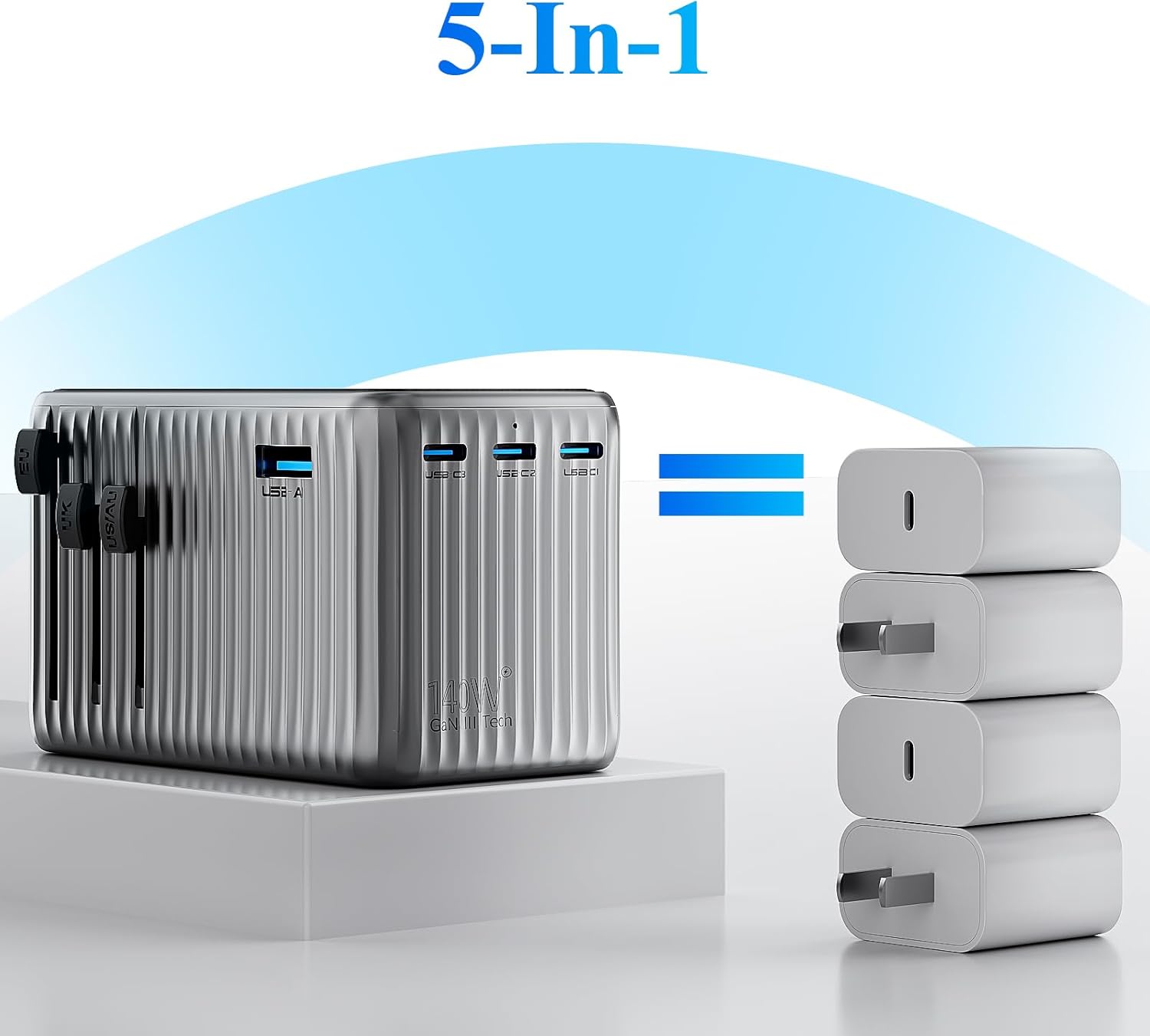 Minthouz Universal Travel Adapter, International 140W Power Adapter GaN PD Fast Charger with 3 USB-C PD & 1 USB-A Port, All-in-One Portable AC Worldwide Power Converter Plug for USA EU UK AUS and More
