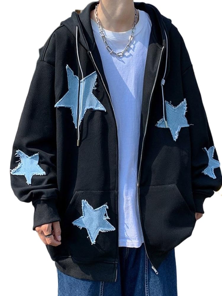 CEINOM Men's Star Patch Zip Up Hoodie for Men Women Graphic