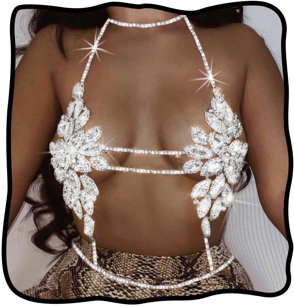 Rhinestone Body Chain Crystal Bra Bikini Chains Summer Beach Body Jewelry for Women and Girls (Silver)