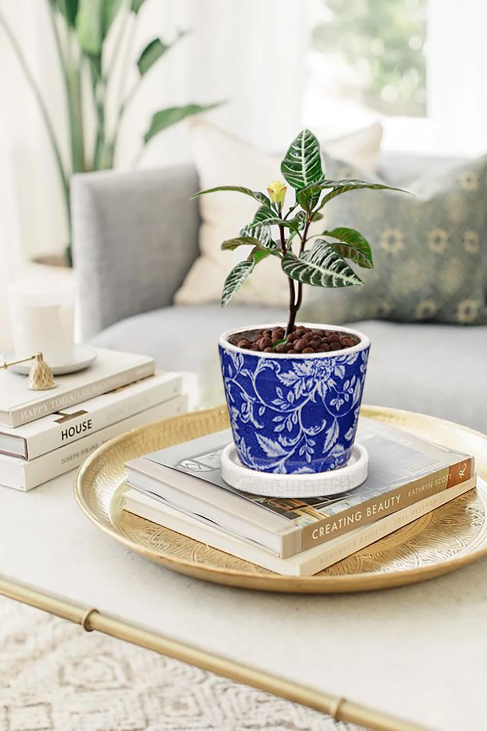 Oairse Set of 2 Blue and White Ceramic Planter 12CM 10CM Ceramic Plant Pots Indoor with Drainage Holes and Saucers Tray Decorative Flower Pots for Succulent Cactus House Plants - Image 4