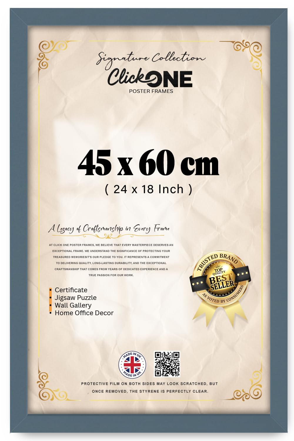 Click One — Classic Flat Style (45 X 60 CM) Picture Frame | Poster Frame For Home Office Living Room Wall Mounted Photo Certificate Jigsaw Puzzle Display 24 X 18 Inch Dark Grey — Slim Profile