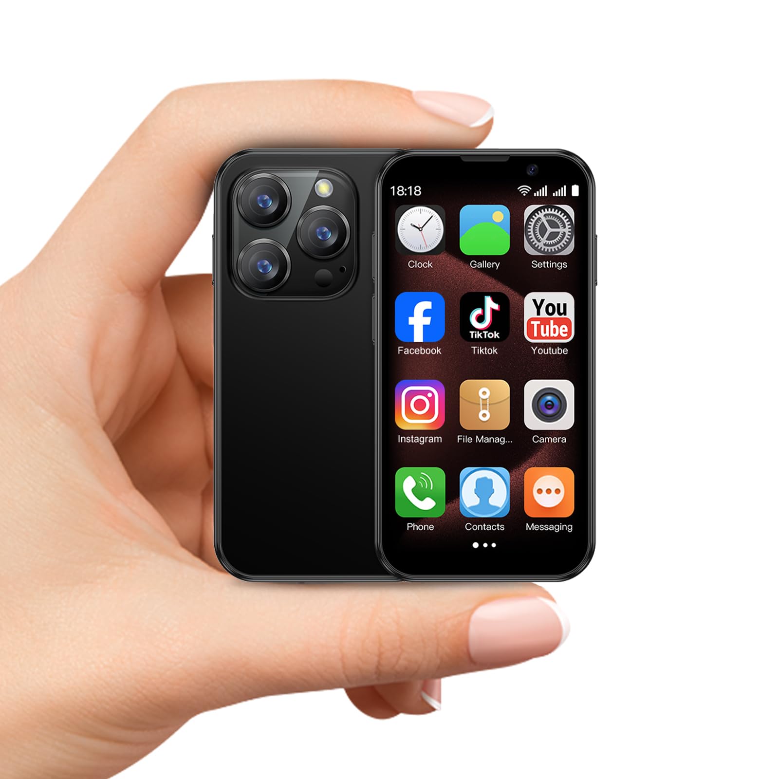 Mini phone Unlocked Mini Smartphone for kids with 3.0" HD Touch Screen World's Smallest Cell Phone Quad Core Dual Sim Card Face ID Android Compact Small Mobile Phones for Student Pocket 2GB+16GB Black