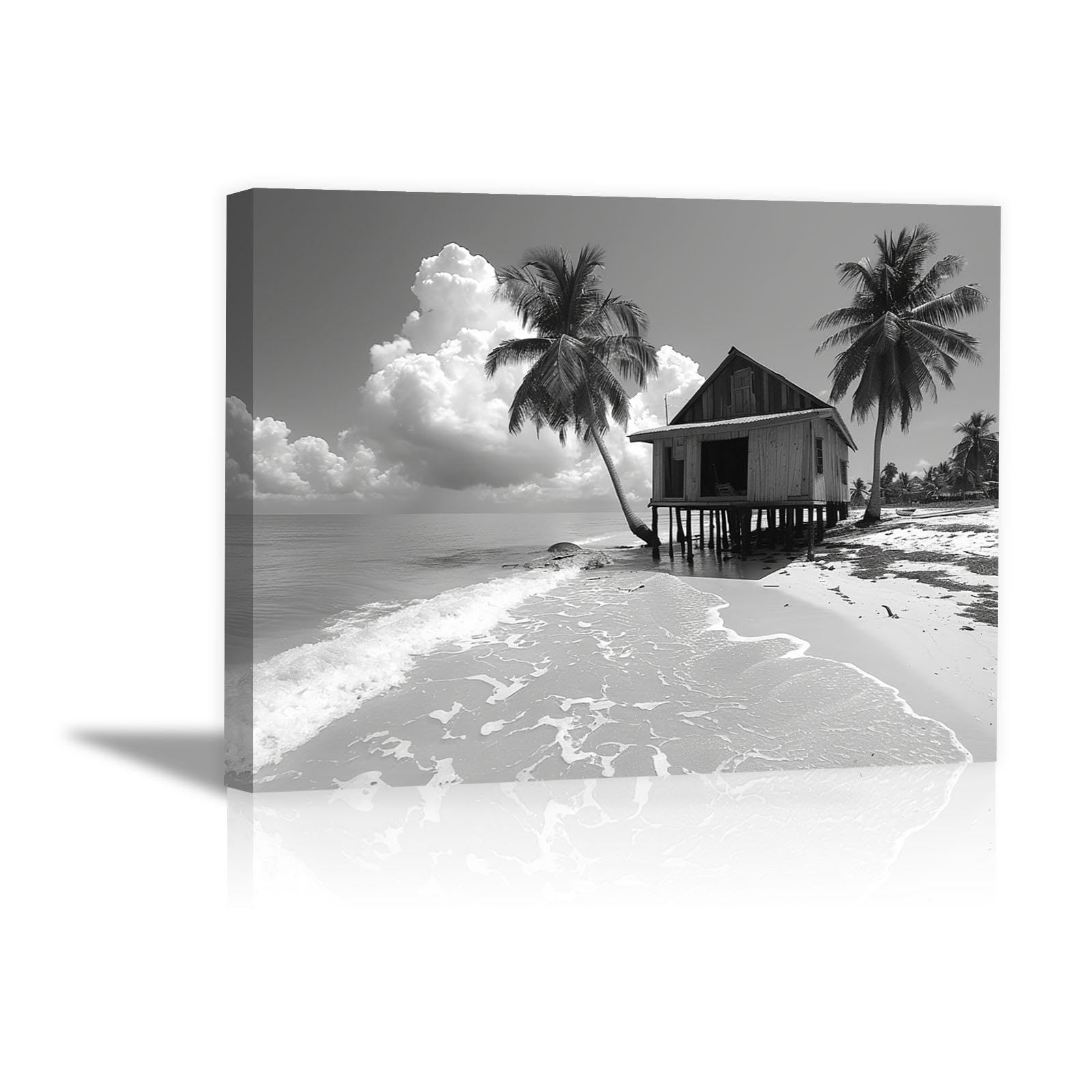 TZKRWRH Gris Minimalista Blanco y negro Cuadros Salon Modernos, Plantas de paisaje costero Lienzo Decorativo Para Tu Salón o Dormitorio Abstractos Blanco Negro-40x60cm Enmarcado