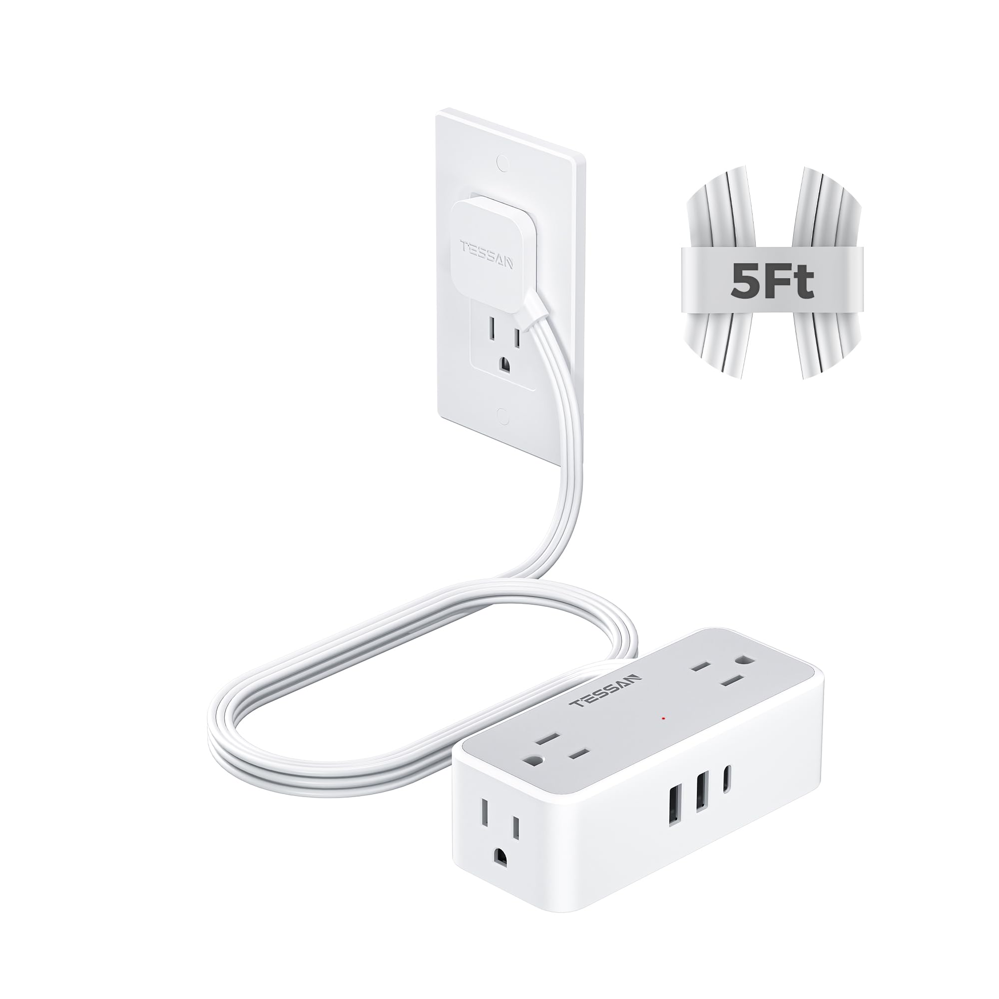 TESSANFlat Plug Extension Cord 5 FT, Surge Protector Power Strip with 4 AC Outlets 1 USB C and 2 USB A Ports, 900 Joules Protection, Multiple Wall Outlet Extender Suitable for Home Office Dorm