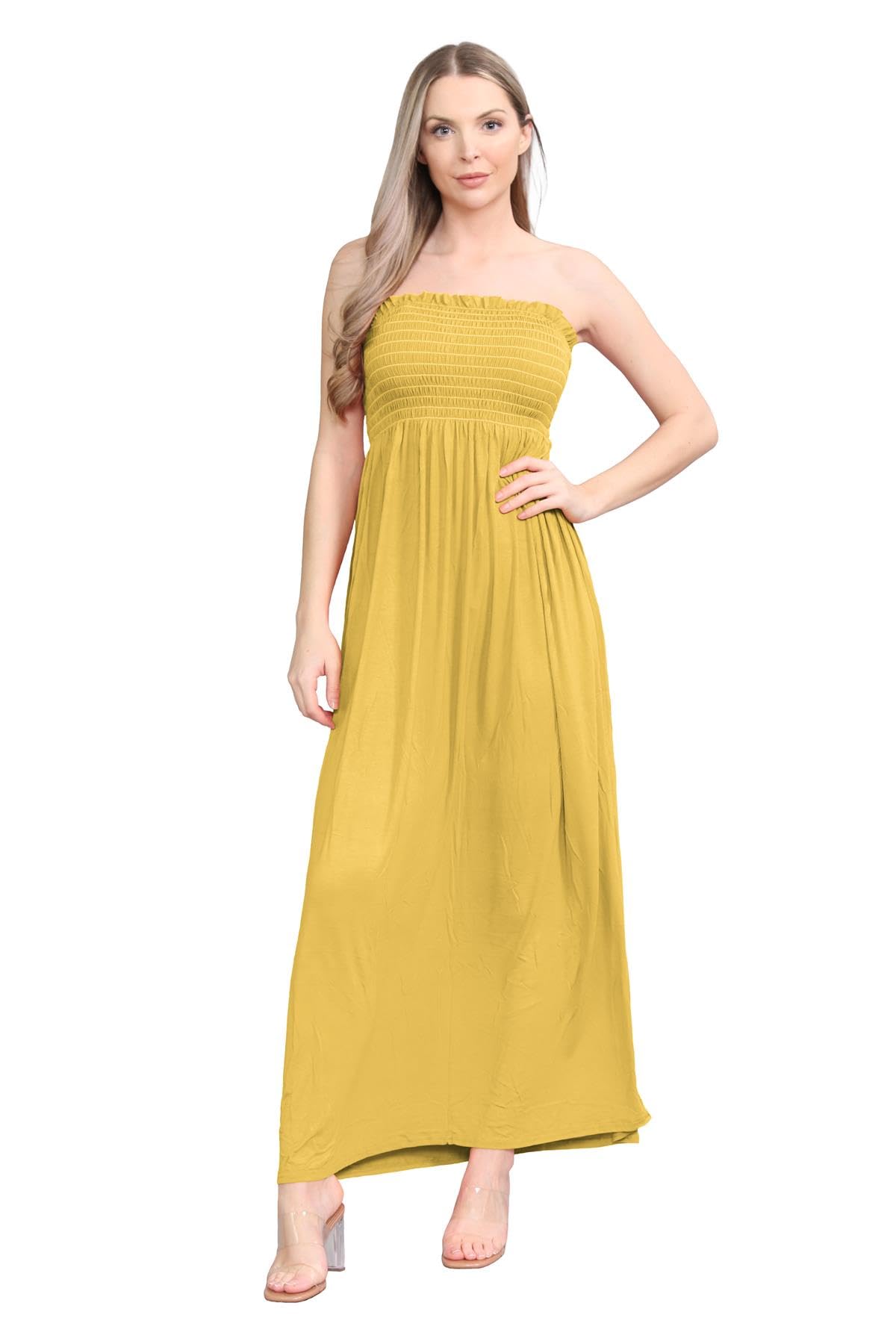 Hamishkane Women's Mustard Hamishkane® Plain Maxi Dress, Bandeau Strapless Dress, Sheering Gathered Boobtube Dress, Casual Dresses Long Summer Dresses For Uk