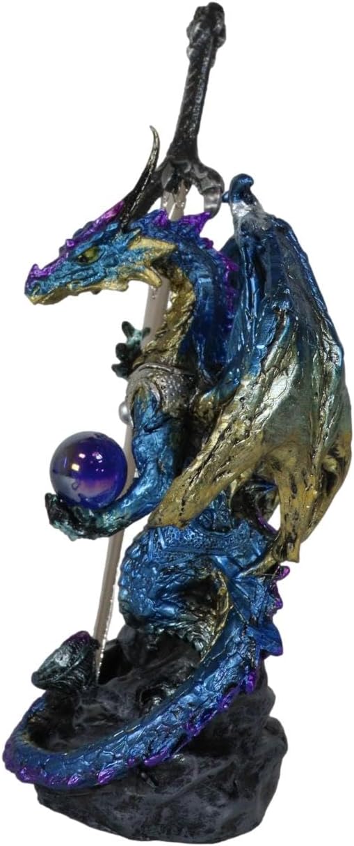 Ebros Gift Legendary Pacific Blue Metallic Armored Knight Dragon Holding Blue Orb Sphere and Draconian Sword Letter Opener Figurine Home Office Decorative Sculpture Medieval Dungeons Dragons Fantasy