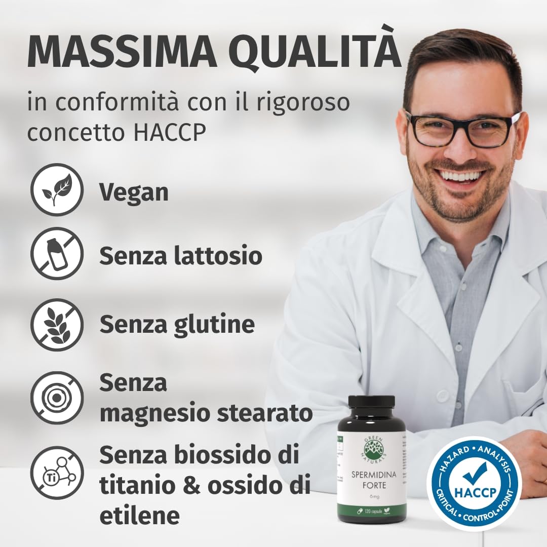 Spermidina Forte - Dosaggio elevato: 6 mg per capsula dall'estratto di germe di grano - Testato in laboratorio - 120 Capsule - Green Naturals®