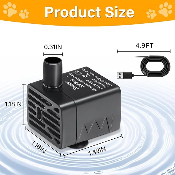 Ultra-Quiet Replacement Pump for Cat Water Fountains Submersible Pet Drinking Fountain Dog Water Dispenser Pump 5V IPX8 Waterproof (USB Cable)