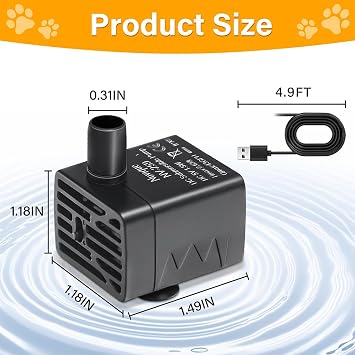 Ultra-Quiet Replacement Pump for Cat Water Fountains Submersible Pet Drinking Fountain Dog Water Dispenser Pump 5V IPX8 Waterproof (USB Cable)