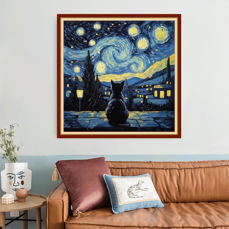 Image of Foxhool Beginners Cross Stitch Kits Stamped Full Range of Embroidery Kits for Adults DIY Cross Stitches kit Embroidery Patterns for Needlepoint kit-Cat Stares at Van Gogh's Starry Sky 18x18 inch