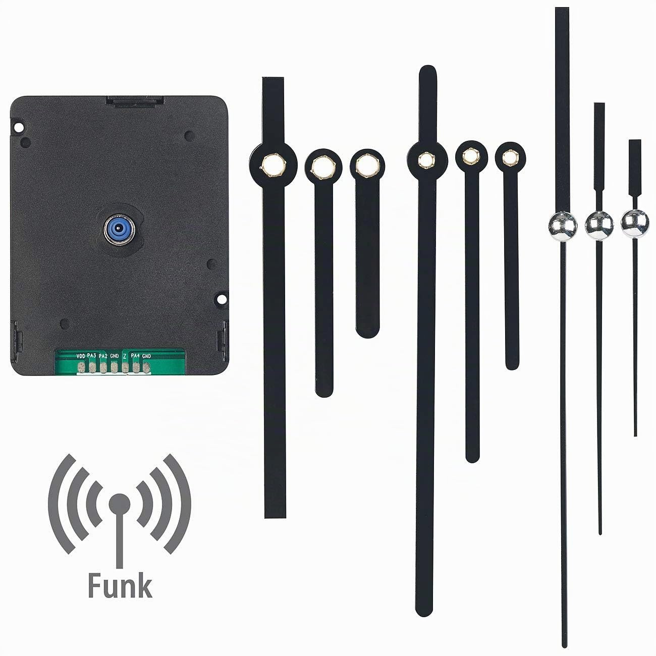Funk Quarz Uhrwerk: 4er-Set schleichende Funk-Uhrwerke mit je 3 Zeigersets (Uhrzeiger, Funkuhrwerk Wanduhr Lange Zeiger, Modellbau)