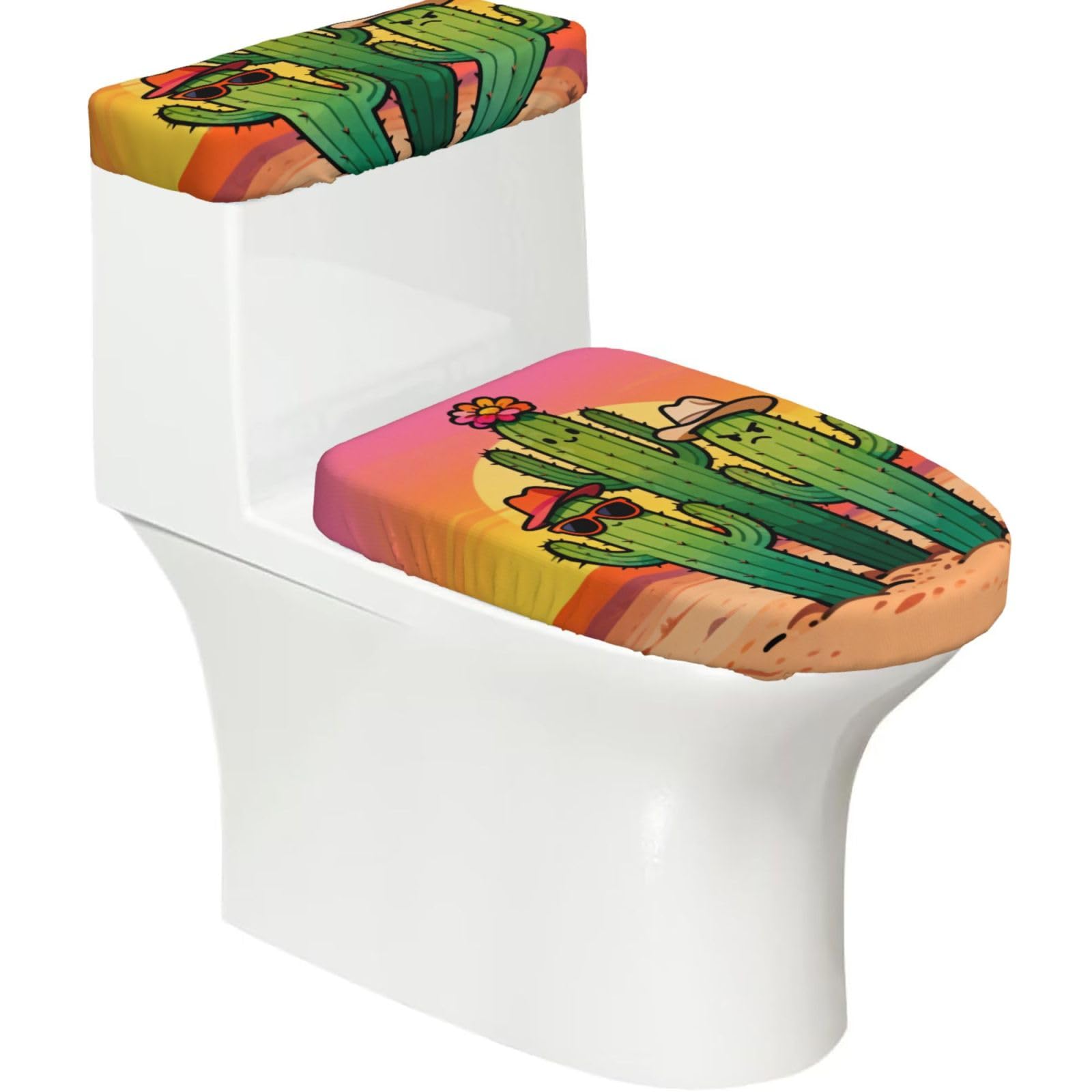 Cute Cactus Elastic Toilet Cover Set of 2-Stretchy Lid and Tank Covers for Bathroom, Soft Washable U Shape Toilet Decor