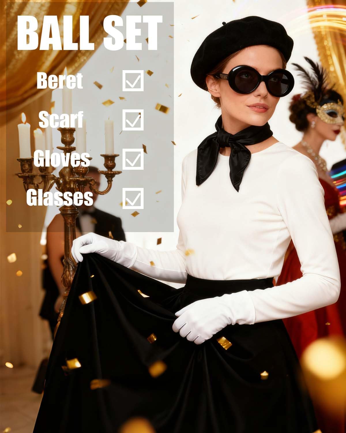 French Beret Hat Set,4 Pcs Solid Color Wool Beanie Hat with Chiffon Scarf Gloves Retro Sunglasses for Fancy Dress Costume - Image 3