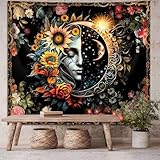 Sun and Moon Tapestry,Psychedelic Mystic Floral Tapestry Wall Hanging Modern Aesthetic Tapestry Hippie Boho Wall Art for Home Decor Bedroom Living Room Wall Decor Gift 59x51in