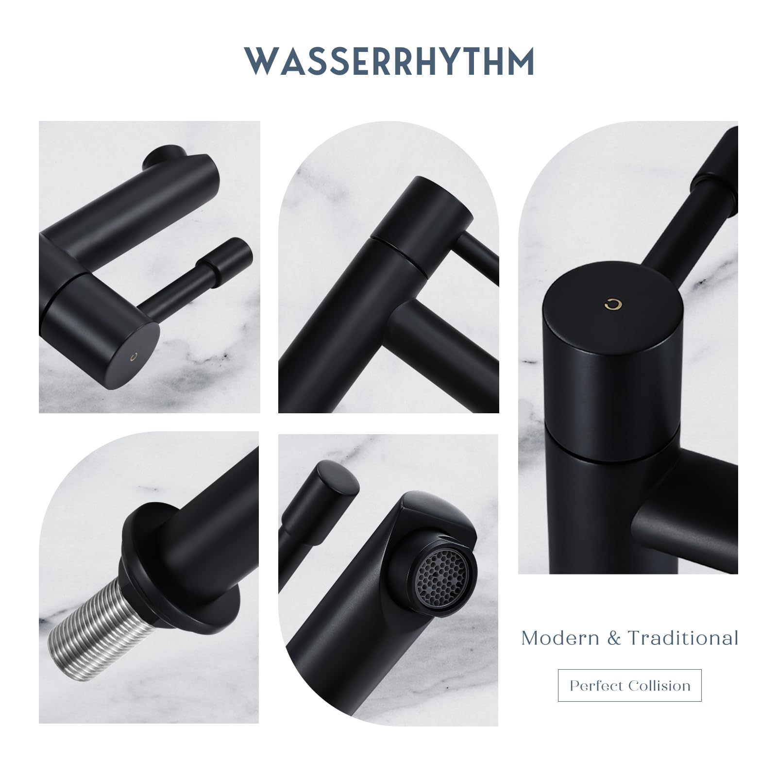 Wasserrhythm Juego de 2 grifos de pilar para lavabo, de acero inoxidable, sin plomo, monobloc, color negro mate, 2 unidades, grifo de agua caliente y fría, palanca cruzada de 1/4 de giro