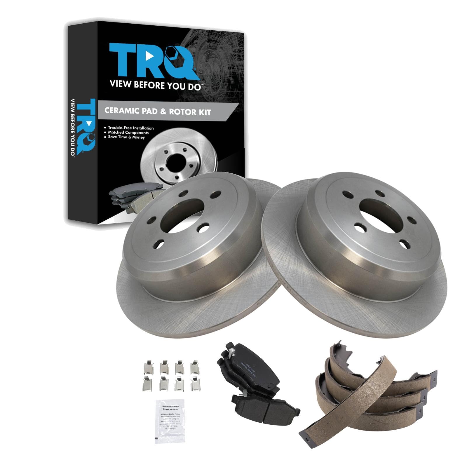TRQ Rear Brake Pad and Rotor Set Ceramic Parking Brake Shoe Compatible with 2007-2011 Dodge Nitro 2008-2012 Jeep Liberty