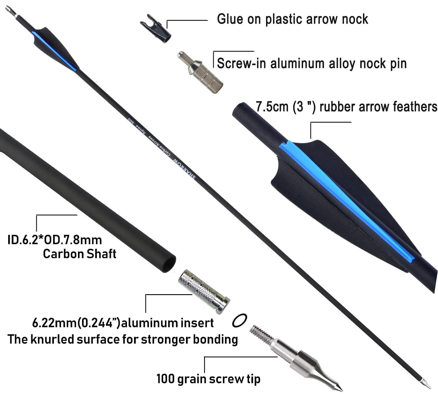 SHARROW 32" Freccia in Carbonio Spine 500 Frecce da per Arco Freccia Carbonio con 3 Piuma di Gomma Freccia per Bersaglio Tiro con L'Arco Arco Ricurvo Arco Compound Arco Lungo