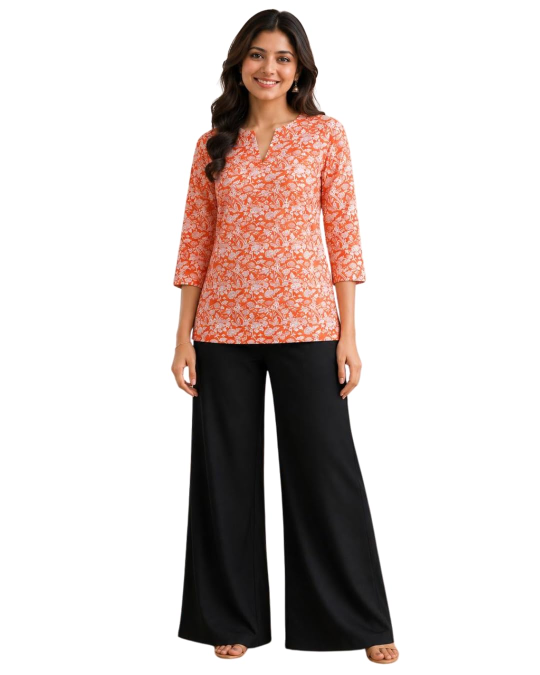Women’s Rayon Slub Printed top with pants Set Digital Print Top with Matching Rayon Plazo Pants Stylish Wear for Office, Casual & Daily Use (IN, Alpha, M, Zamkudi-2 Orange)-picture-38
