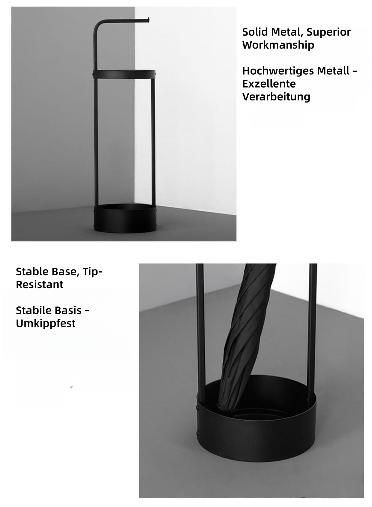 Moderner, minimalistischer schwarzer Metall-Schirmständer freistehend – 2-in-1 Nutzung – Maße 22 x 22 x 65 cm