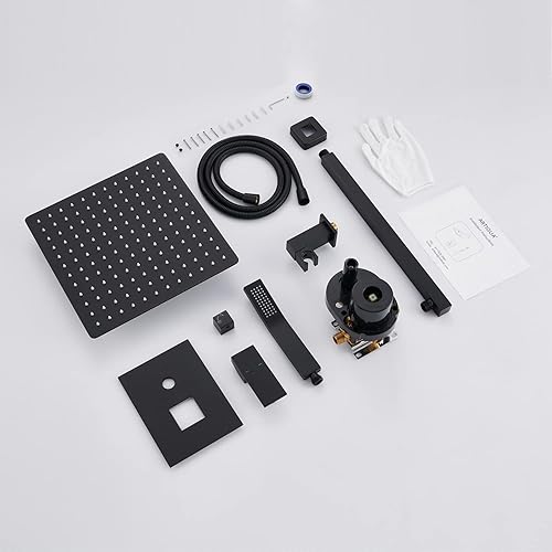 Miniatura 6 de Sistema de ducha de lluvia de 12 pulgadas, juego combinado de ducha negro para montaje en pared, grifos de baño con cabezal de ducha de lluvia