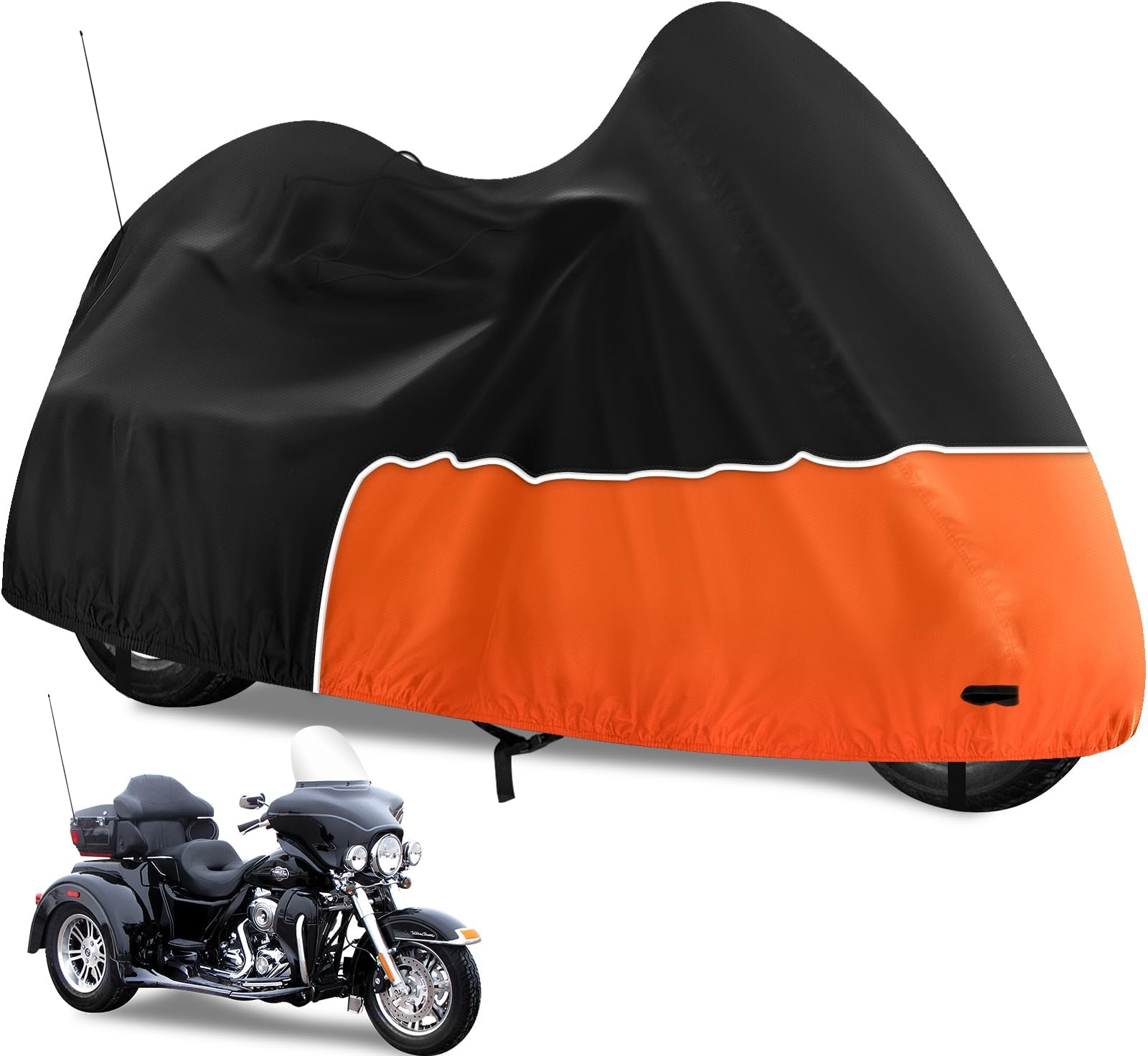 Trike Cover, Waterproof 3 Wheel Motorcycle Cover for Harley Davidson, Honda Goldwing, Kawasaki Trike Accessories, with Windproof Buckle, Reflective Strap, Black&Orange